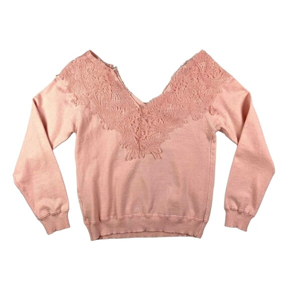 Francesca's Jun & Ivy Sweater  Womens S  Pink Off Shoulder Lace Trim V-Neck Top - Picture 2 of 7